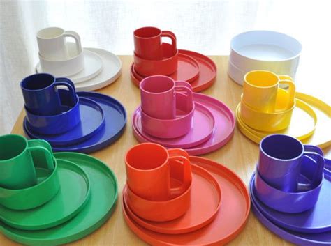 plastic dinnerware heller sets pieces bowls dinner plates yellow orange mugs cups