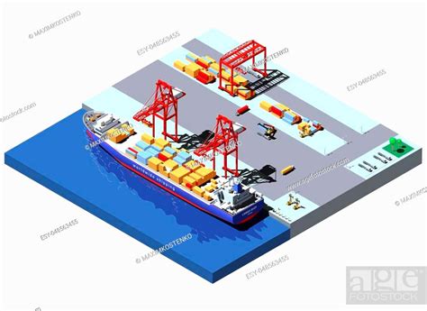 Vector Isometric Cargo Port With Two Cranes Unloading Containers From
