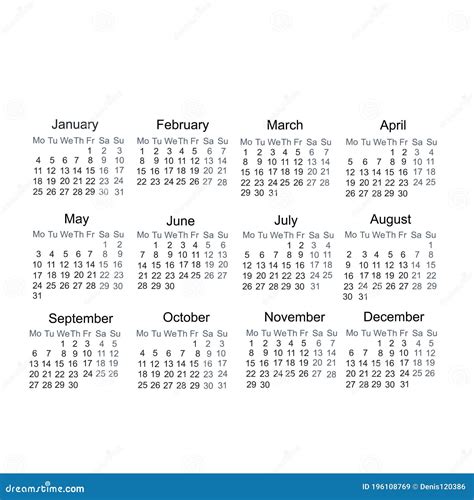 Calendar Year 2021 Days Weeks And Months Vector Illustration Stock