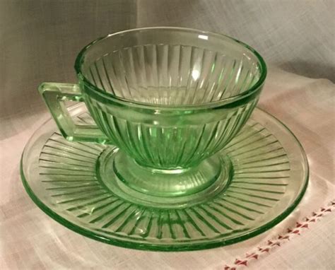 Vintage Green Depression Glass Fine Ribbed Cup Saucer Hazel Atlas