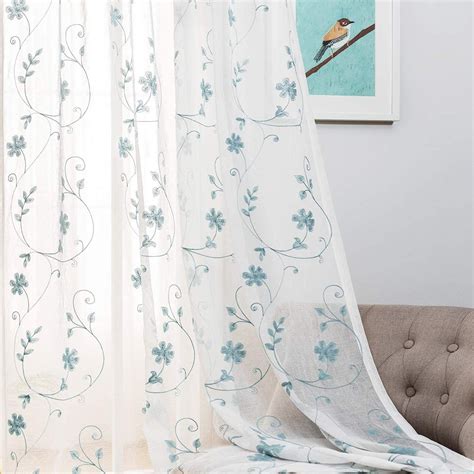 Blue Sheer Curtains 84 Inches Long Floral Embroidered Rod