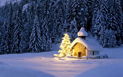 Church And Christmas Tree In Winter Forest