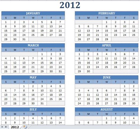 2012 Printable One Page Excel Yearly Calendar Template My Excel Templates
