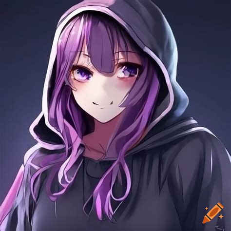 Hooded Anime Girl With Long Bluish Purple Hair And Kind Glance On Craiyon
