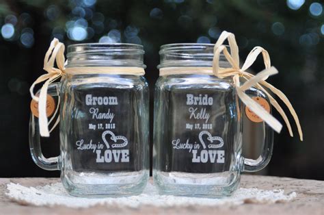 Horseshoe Mason Jars Lucky In Love Bride And Groom Wedding Set Etsy