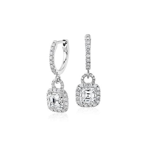 Asscher Cut Diamond Halo Drop Earrings In 18k White Gold 150 Ct Tw