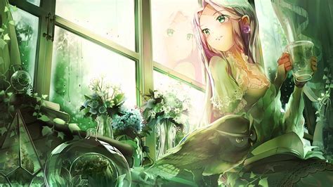 1920x1080 Anime Girl Looking Away Polychromatic Reflection Flowers