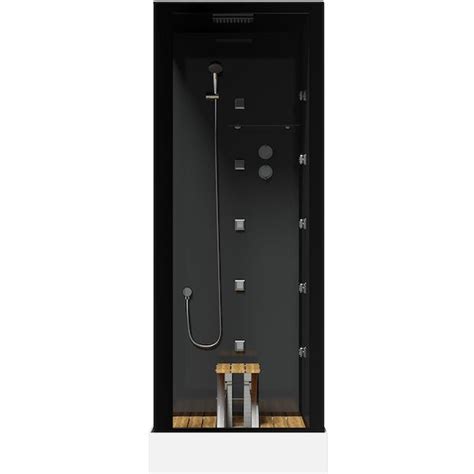 Mode Rectangular Black Glass Backed Hydro Massage Shower Cabin With Wood Effect Floor And Seat