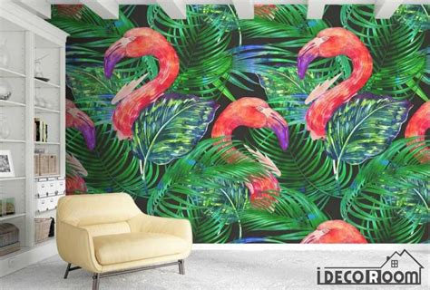 Nordic Green Leaf Flamingo Wallpaper Wall Murals Idcwp Hl