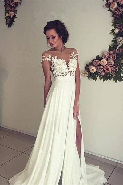 See Through Short Sleeve Lace Appliqued Long Beach Wedding Dress Ivory