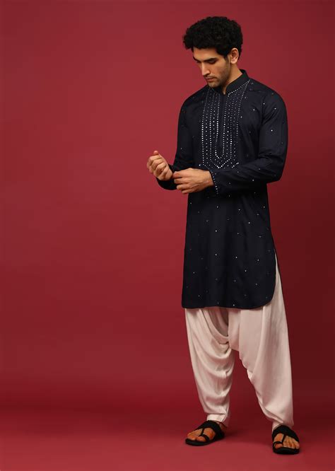 Buy Midnight Blue Pathani Suit In Cotton With Mirror And Thread