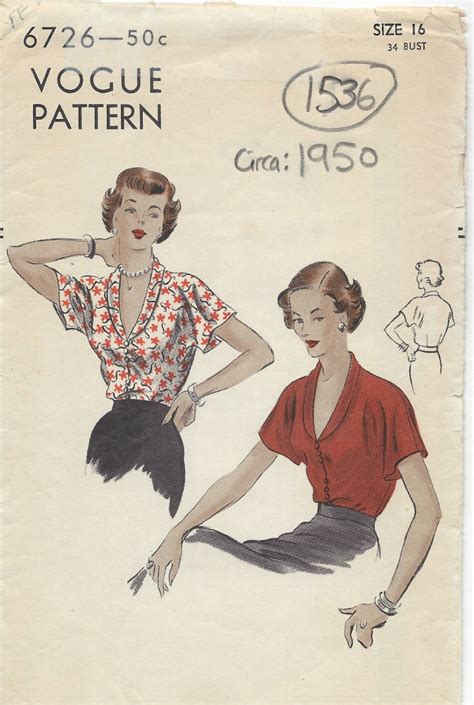1950 Vintage Vogue Sewing Pattern B34 Blouse 1536 Vogue 6726 Etsy
