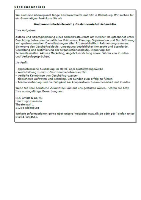 Bewerbung - Gastronomiebetriebswirt (Praktikant) - Sofort ...