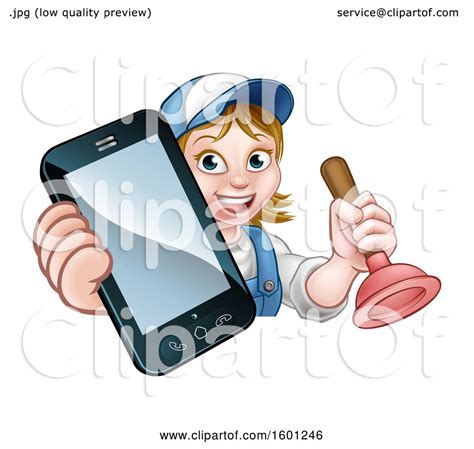 Clipart Of A Happy White Female Plumber Holding A Plunger And Cell