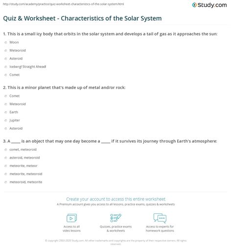 Quiz And Worksheet Characteristics Of The Solar System