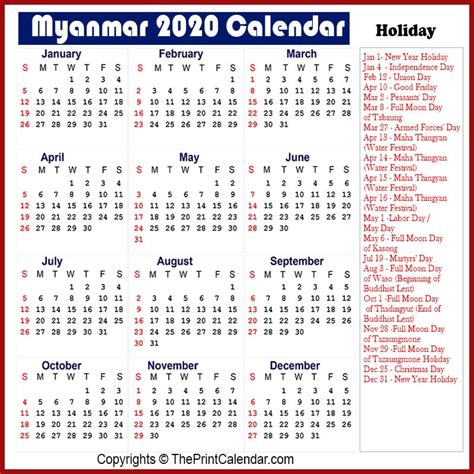 Calendar 2020 Myanmar Myanmar 2020 Yearly Printable Calendar