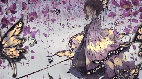 Demon Slayer Shinobu Kochou With Butterflies Under Purple Flowers Hd