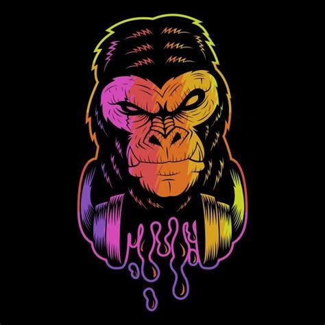Gorilla Headphone Colorful Vector Illustration 80s Angry Animal Png