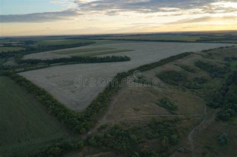 Top View Of The Meadows And Fields Of The Ukrainian Steppes Sunset Sky