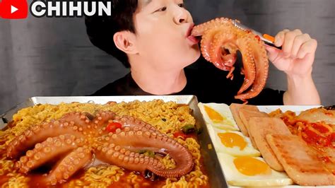 Asmr Mukbang Giant Octopus Spicy Noodles Spam Kimchi Eggs Eating