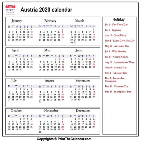 Austria Calendar 2020 With Austria Public Holidays