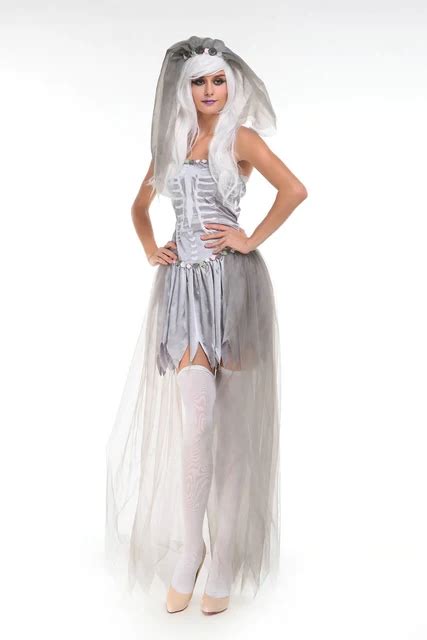 Adult Women Halloween Corpse Ghost Bride Costume Ladies White Dress Skeleton Scary Zombie