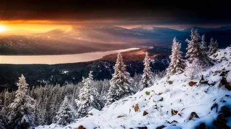 View Of Snow Covered Mountain Trees And Lake During Sunset Hd Nature