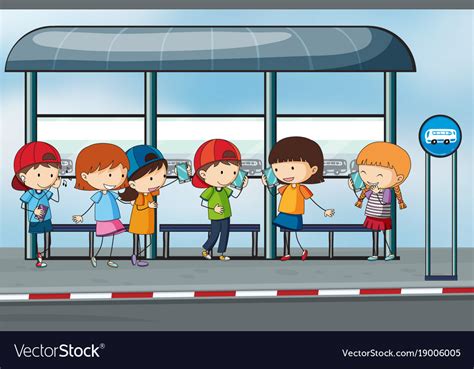 Many People Waiting At The Bus Stop Royalty Free Vector