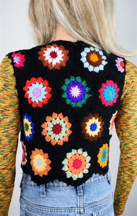 Vintage S Crocheted Hippie Boho Granny Square Circle Boho Sweater