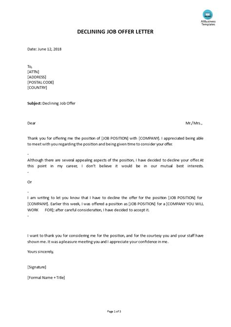 Sample Letter To Decline A Business Offer Mary Paynes Templates