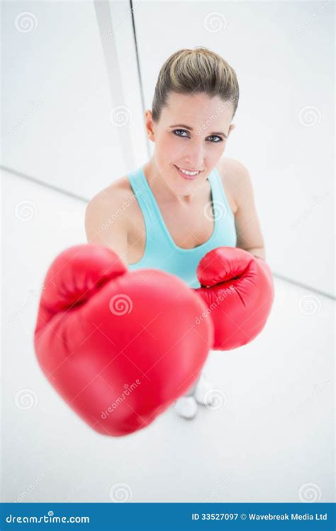 Smiling Fit Woman Wearing Red Boxing Gloves Stock Image Image Of