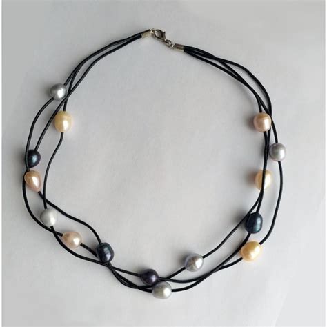 Multi Color Natural Freshwater Pearl Necklace With Black Leather Cord