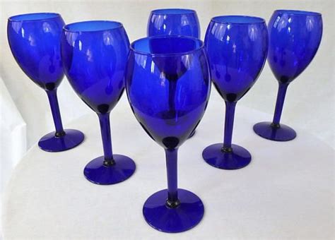 Set Of 6 Cobalt Blue Wine Glasses Stemmed Glassware Mid Etsy Canada Blue Wine Glasses