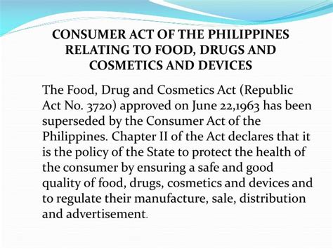 Food, drugs and cosmetics in findlaw(:':)s database. PPT - CONSUMER ACT OF THE PHILIPPINES RELATING TO FOOD ...