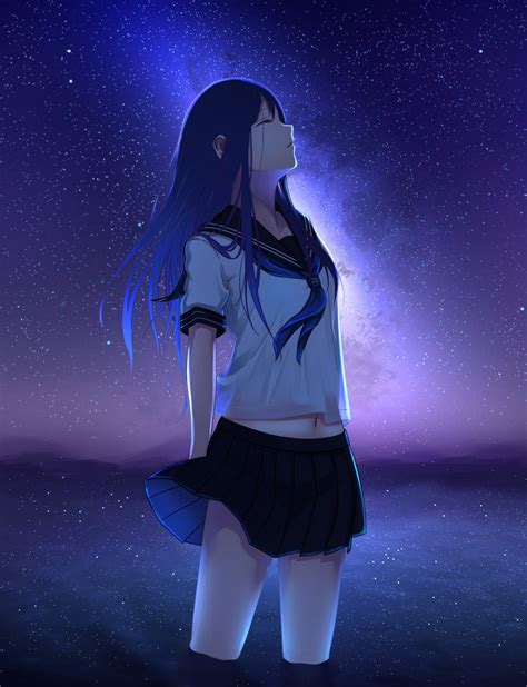 Anime Girl Cute Beautiful Long Hair School Uniform Night Stars Sky