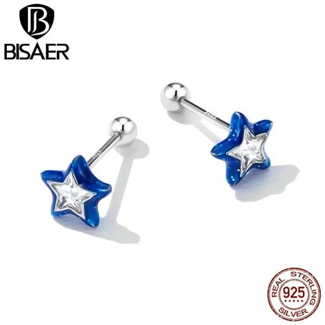 BISAER Sterling Silver Blue Star Stud Earrings Zircon Ear Plated Platinum For Women Party