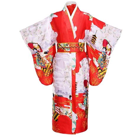Red Japanese Vintage Original Tradition Silk Yukata Kimono Dress With Obi One Size H In