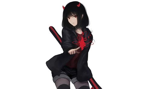 Hd Wallpaper Anime Girl Black Hair Horns Original Anime Red