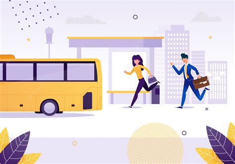 Premium Vector Girl And Businessman Running For Bus Near Stop Flat