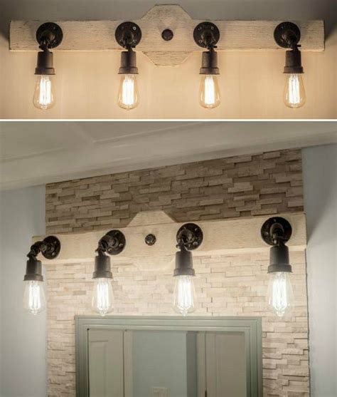 Rustic Industrial Style Bathroom Vanity Light Wood Beam And Edison Bulbs