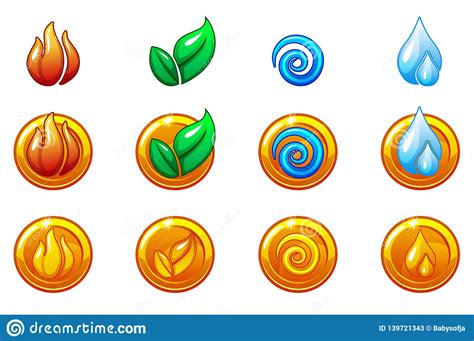 Four Elements Nature Icons Golden Round Symbols Set Wind