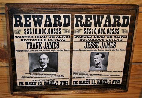 Vintage Frank And Jesse James Wanted Poster Wooden Sign