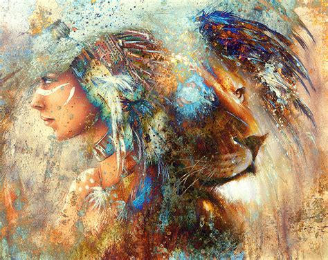 Indian Woman Wearing Feather Headdress With Lion And Abstract Color