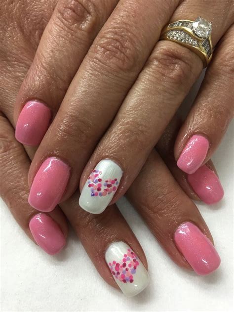 Pink Valentines Hand Painted Dotted Heart Gel Nails White Nail