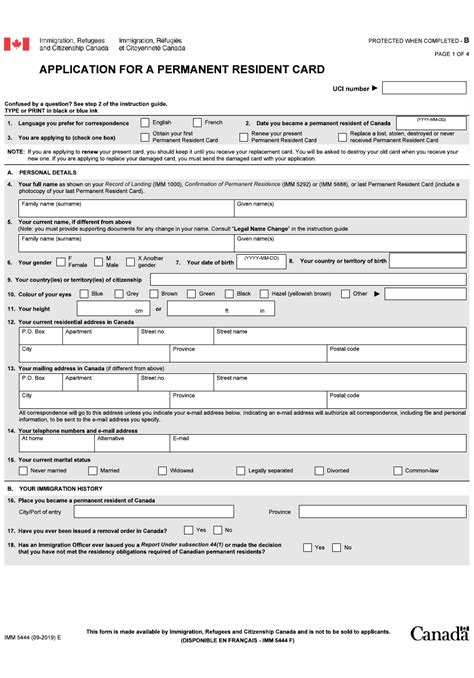 The permanent resident card (pr card; Form IMM5444 Download Fillable PDF or Fill Online Application for a Permanent Resident Card ...