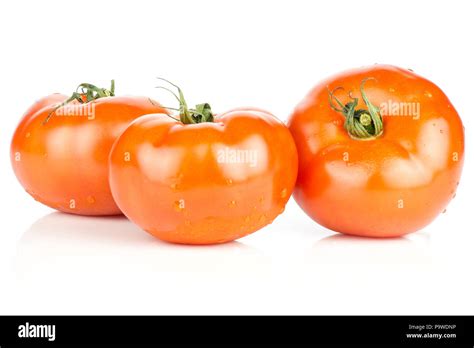 Three Red Tomato Set With Vine Ends Isolated On White Background Fresh