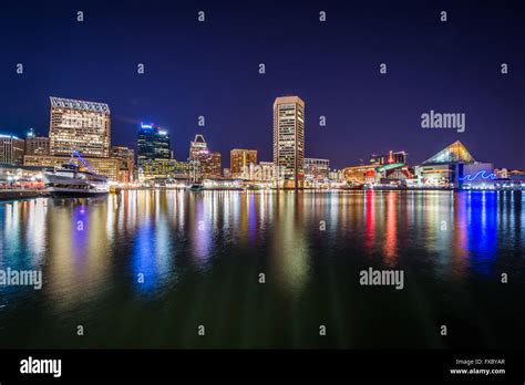 The Inner Harbor Skyline At Night In Baltimore Maryland Stock Photo