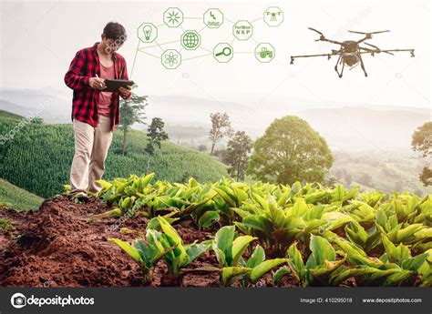 Smart Farmer Using Technology Control Agriculture Drone Farming Fly To