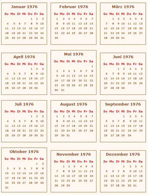 Kalender 1976 Feiertage