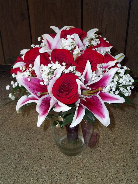 Bridal Bouquet Red Roses Stargazer Lillies And Babies Breath